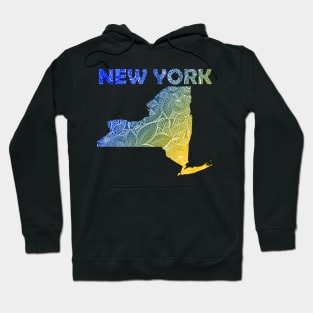 Colorful mandala art map of New York with text in blue and yellow Hoodie